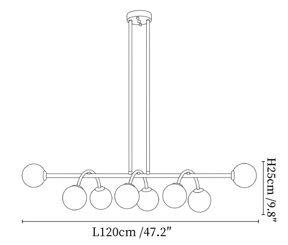 Clérachic chandelier dimension drawing, 2 of 2, every measurement marked in centimetres and inches.