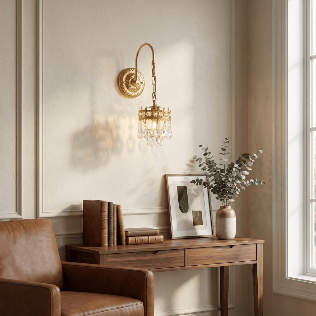 This Clérachic crystal wall sconce lit beside a panelled window, above a wooden console with books, a framed print and a leather armchair.