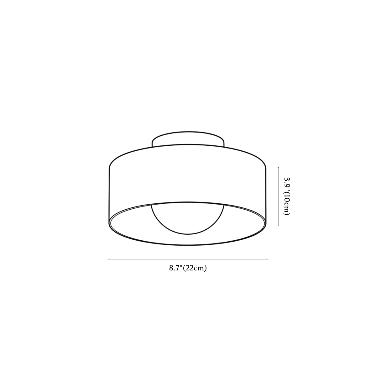 Clérachic ceiling light dimension drawing, every measurement marked in centimetres and inches.