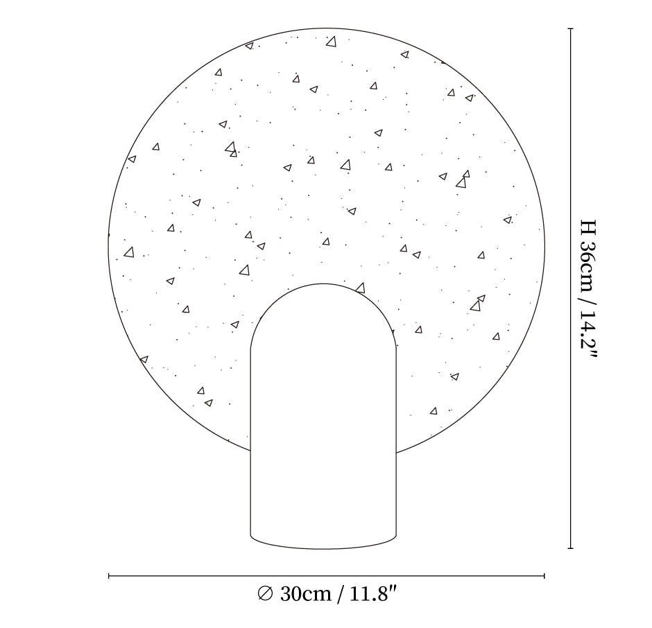 Dimension drawing of this Clérachic travertine lamp, with its 36 cm height and 30 cm disc diameter marked.