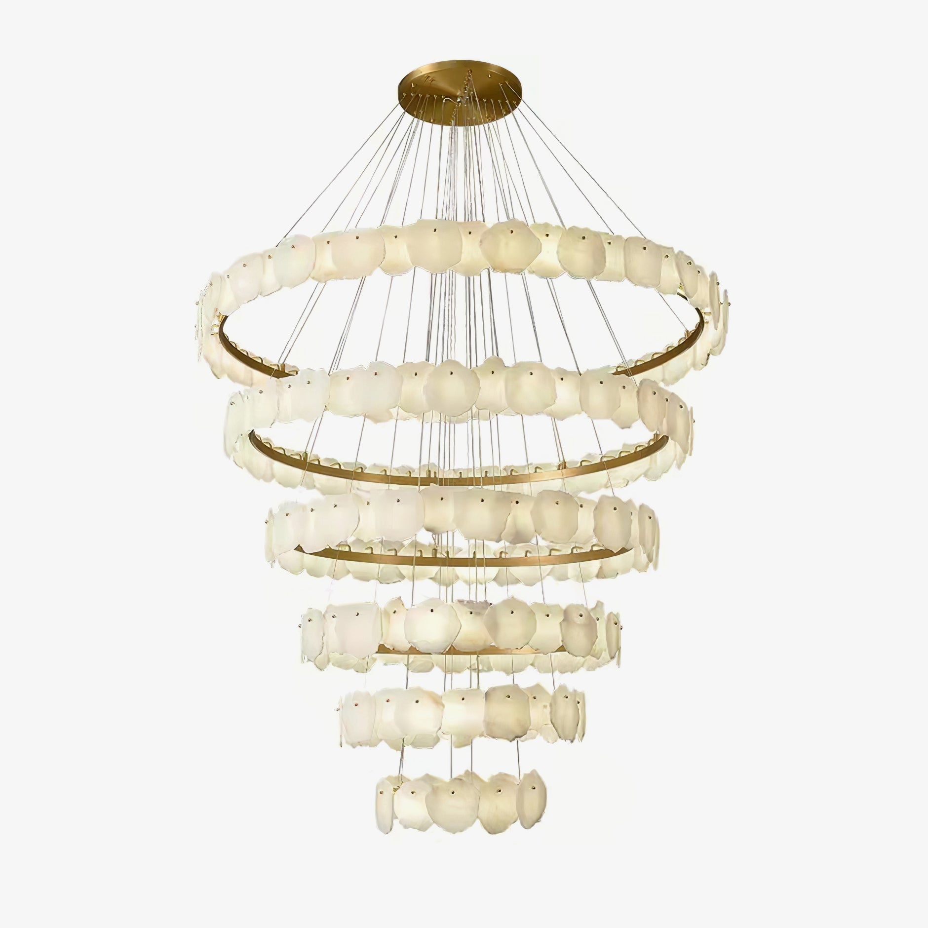 Clérachic Ecliptica chandelier on white, cascading brass tiers strung on fine clear cables.