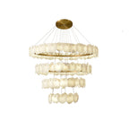 Compact size of the Clérachic Ecliptica chandelier on white, four tiers on a slim brass canopy.