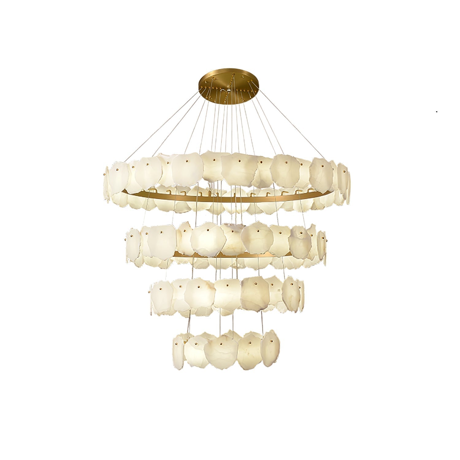 Compact size of the Clérachic Ecliptica chandelier on white, four tiers on a slim brass canopy.
