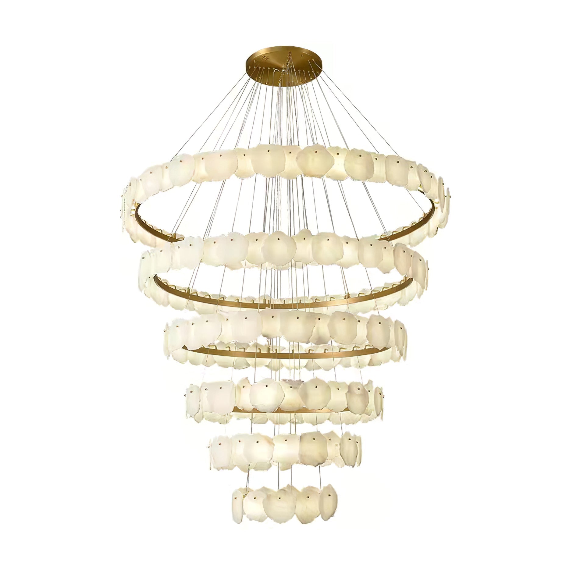 Tall version of the Clérachic Ecliptica chandelier on white, stone tiers stretched down its cables.