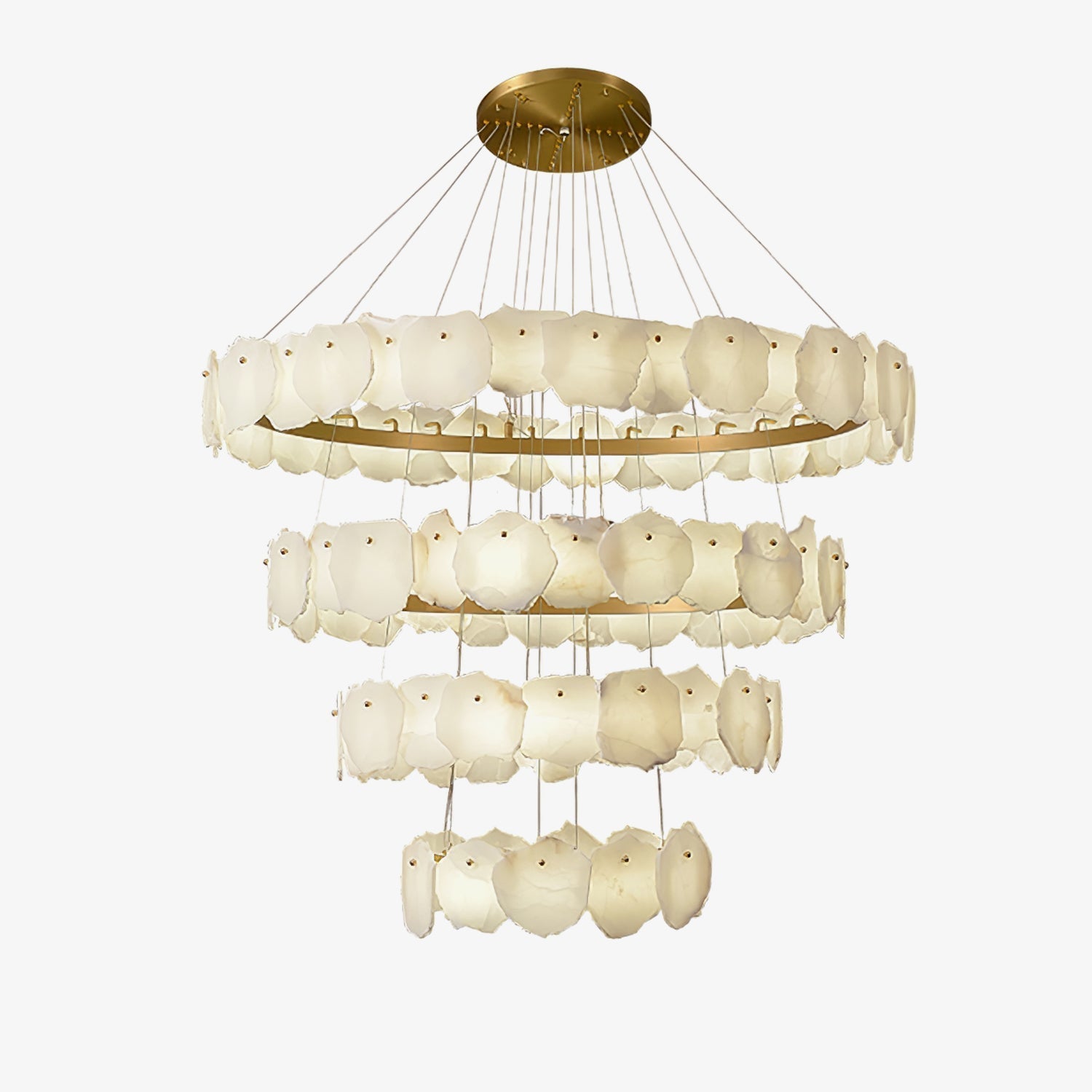 Wide build of the Clérachic Ecliptica chandelier on white, broad top ring above narrowing tiers.