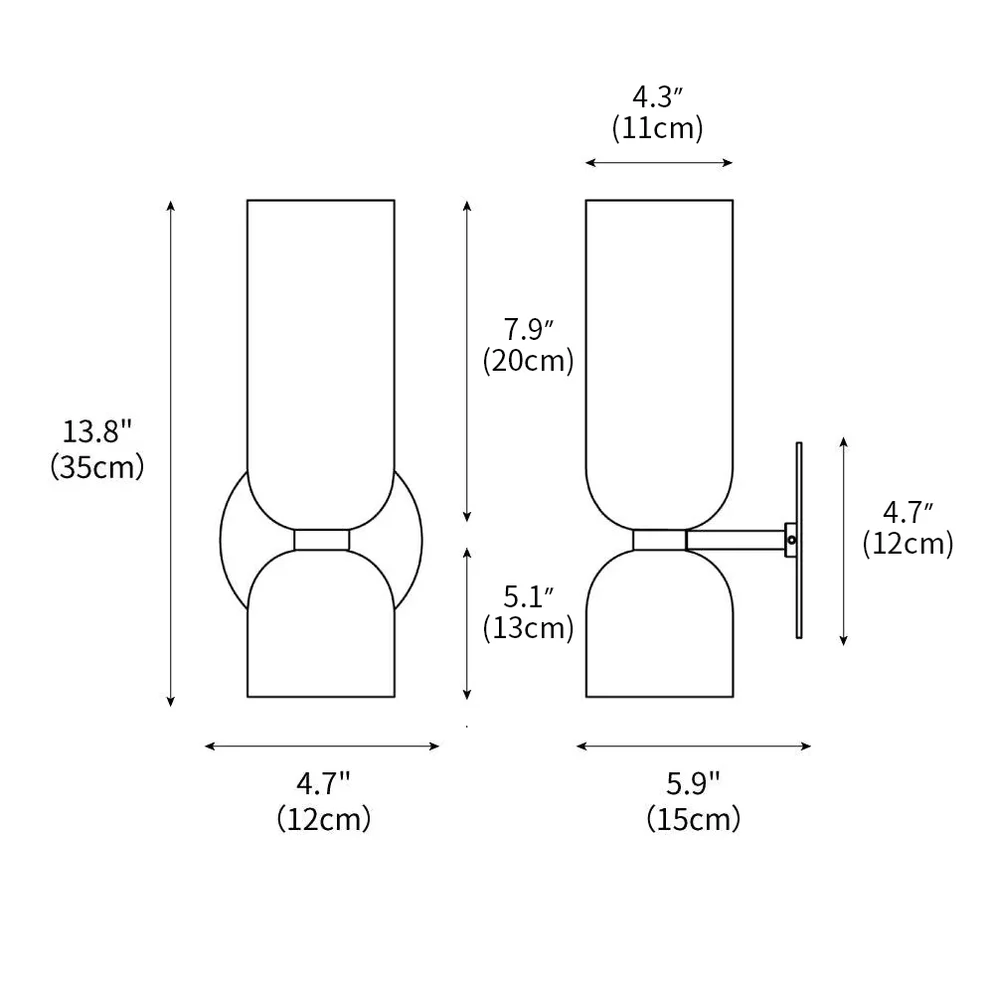 Dimension drawing of the edie wall lamp, in outline against white.