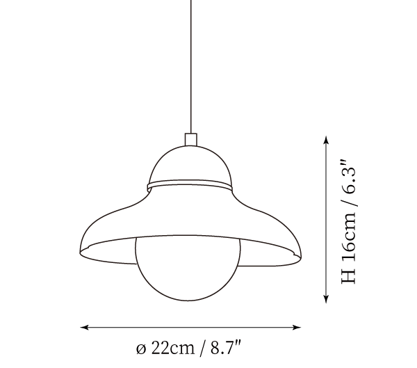 Dimension drawing of this Clérachic pendant, with its 16 cm height and 22 cm diameter marked.