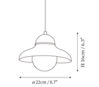 Dimension drawing of this Clérachic pendant, with its 16 cm height and 22 cm diameter marked.