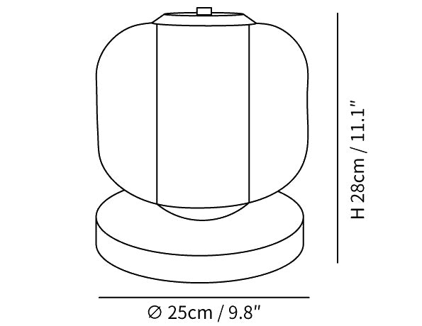 Dimension drawing of the eira marble table lamp, in outline against white.