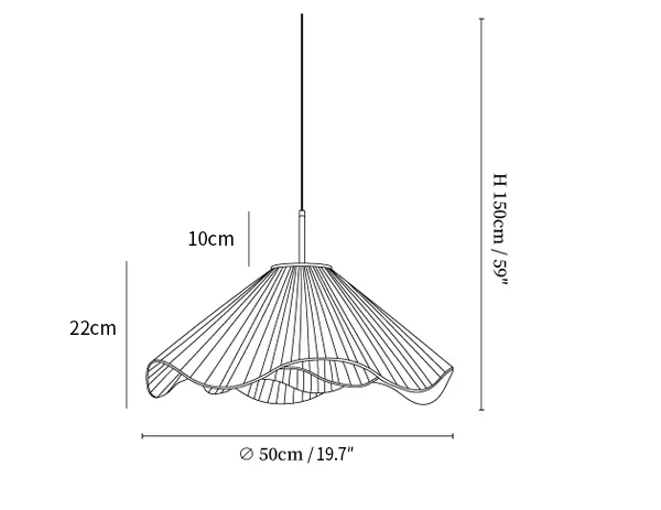 Dimension drawing of the elara pendant light, in outline against white.