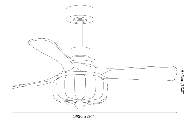 Dimension drawing of the elira vintage ceiling fan light, in outline against white.