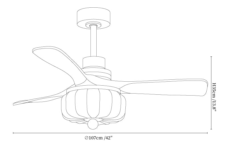 Dimension drawing of the elira vintage ceiling fan light, in outline against white.