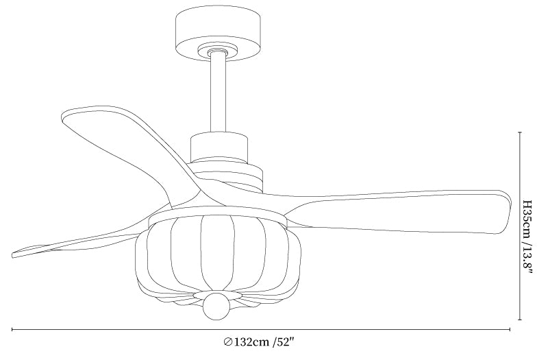 Dimension drawing of the elira vintage ceiling fan light, in outline against white.
