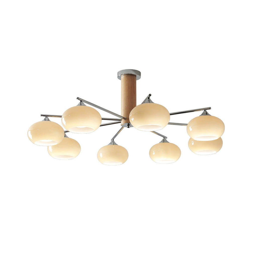 Cut-out view of a Clérachic chandelier with eight creamy glass shades on chrome arms, shown on a white background.