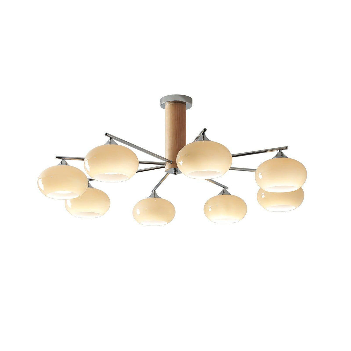 Cut-out view of a Clérachic chandelier with eight creamy glass shades on chrome arms, shown on a white background.