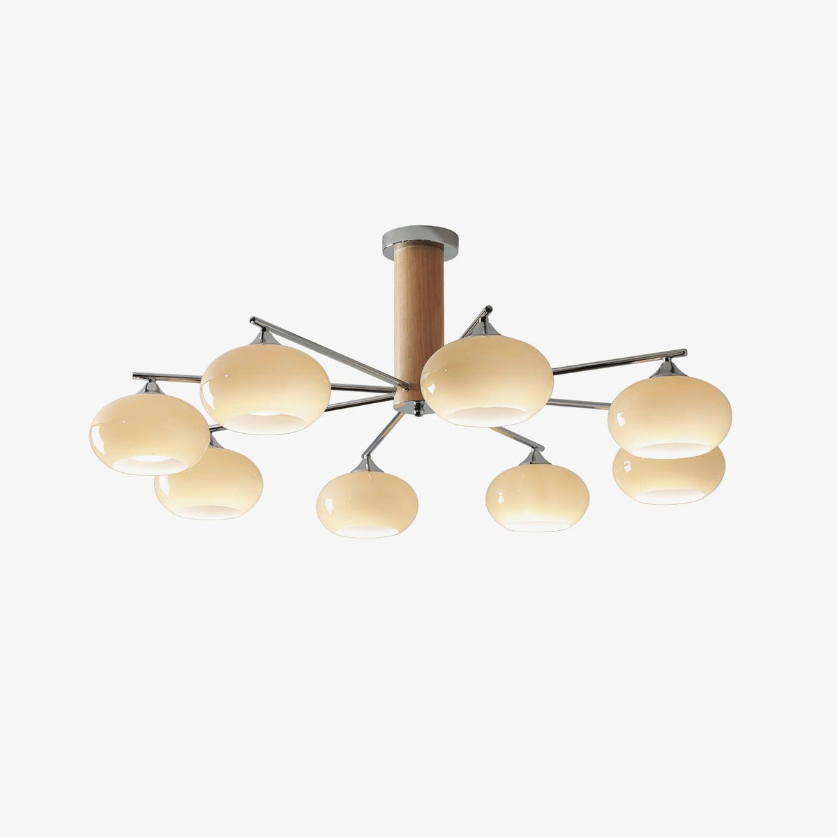 Eight creamy yellow glass shades glow on this Clérachic chandelier, seen on a pale background with its wooden column and chrome arms.