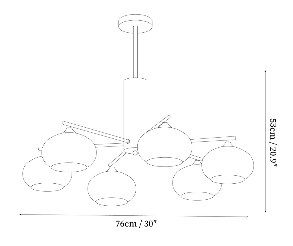 Dimension drawing of this Clérachic chandelier in its wider size, with its height and width marked.
