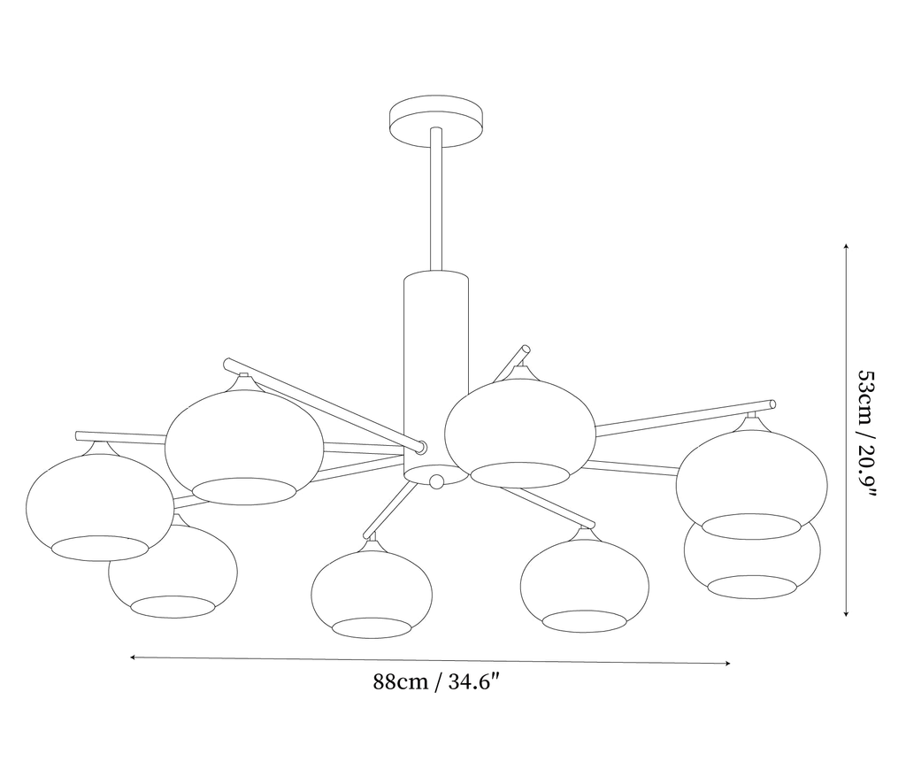 Dimension drawing of this Clérachic chandelier in its largest size, with its height and width marked.
