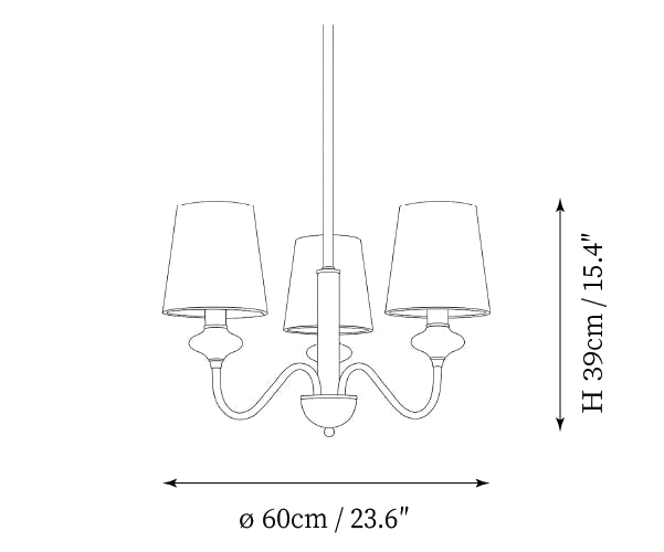 Dimension drawing of this Clérachic three-light chandelier, with its 60 cm width and 39 cm height marked.