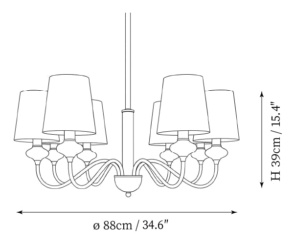 Dimension drawing of this Clérachic larger chandelier, with its 88 cm width and 39 cm height marked.