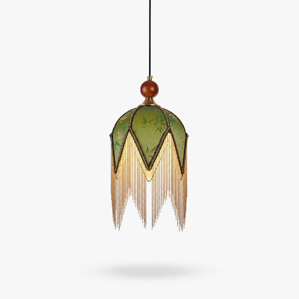 Olive-green embroidered shade with a pointed lower edge and long bead fringe on this Clérachic pendant, on a plain white backdrop.