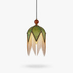 Olive-green embroidered shade with a pointed lower edge and long bead fringe on this Clérachic pendant, on a plain white backdrop.