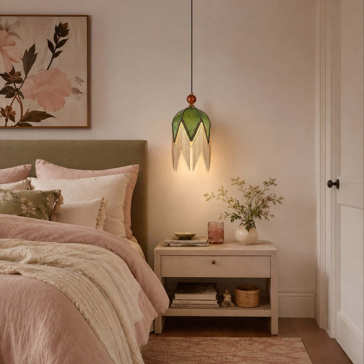 This Clérachic pendant with an olive shade and pale fringe hangs by a bed with blush linen, above a small wooden nightstand.