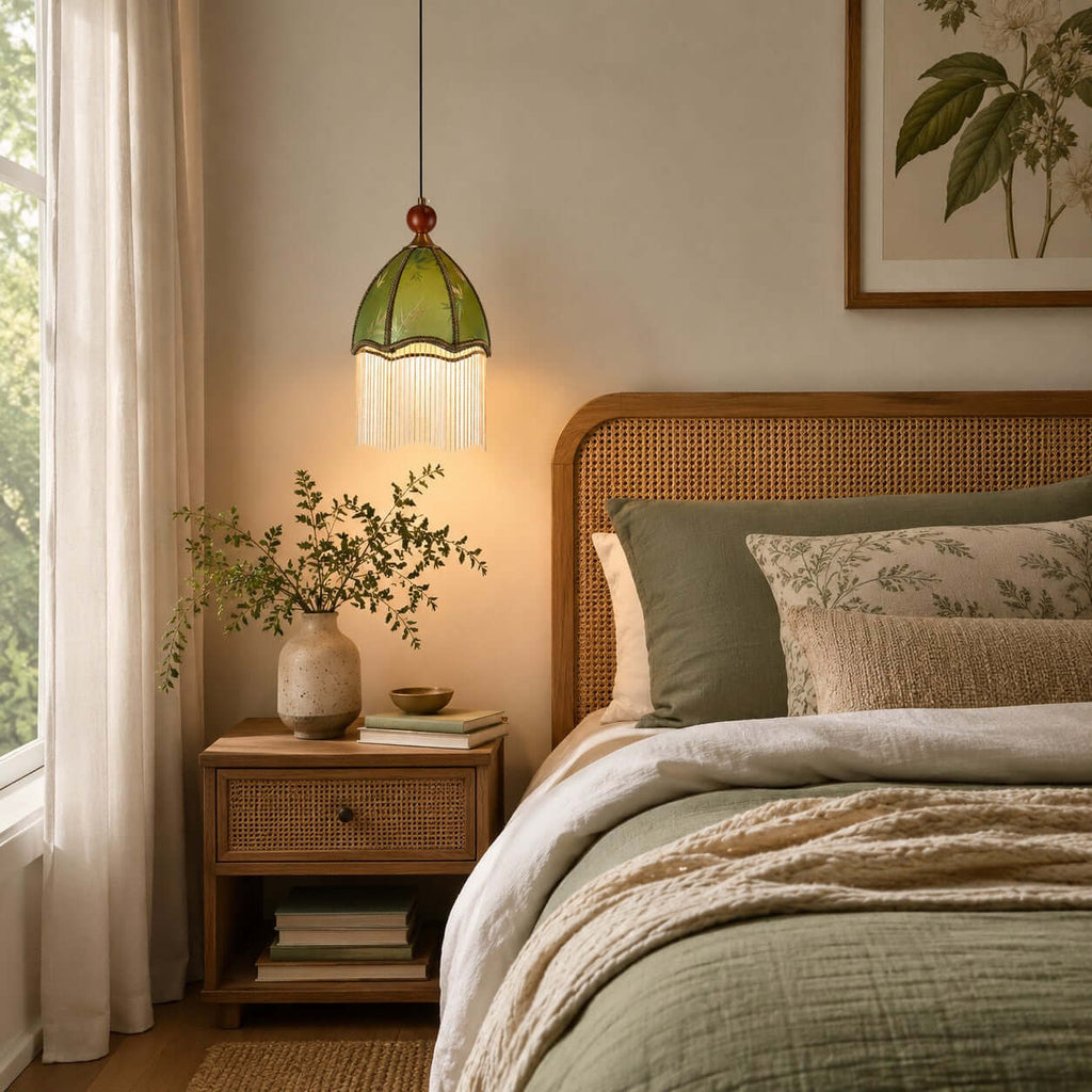 A warm-lit Clérachic pendant with a green fabric dome and fringe hangs beside a rattan headboard and a sage-green bedspread.
