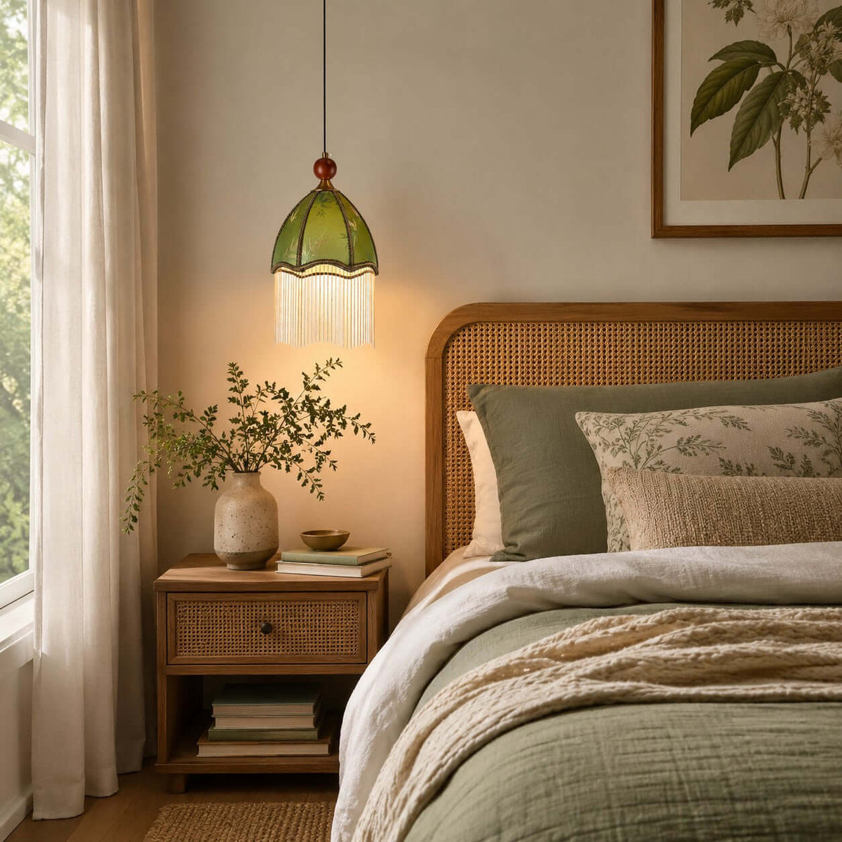 A warm-lit Clérachic pendant with a green fabric dome and fringe hangs beside a rattan headboard and a sage-green bedspread.