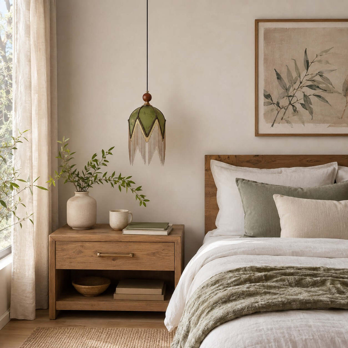 This Clérachic pendant hangs unlit beside a bed with grey-green bedding, its green shade edged with a drop of fine fringe.