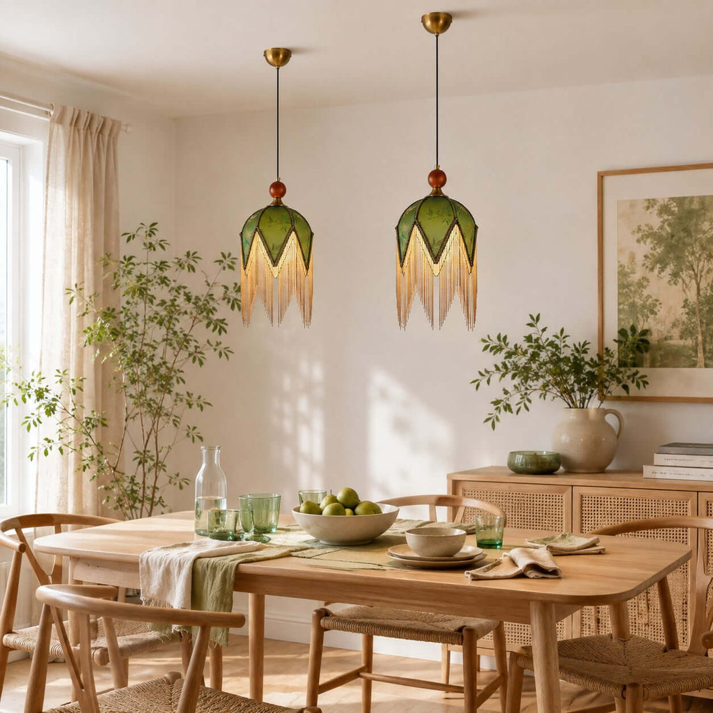 Two Clérachic pendants with olive shades and bead fringe hang over a light oak dining table set with green glasses.