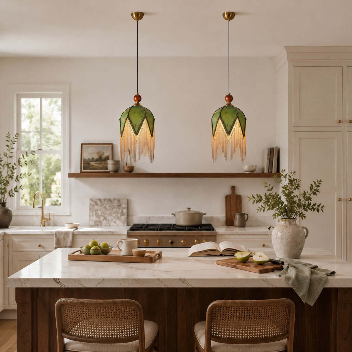 A pair of Clérachic pendants with green fabric shades and fringe hangs above a marble-topped kitchen island with woven stools.