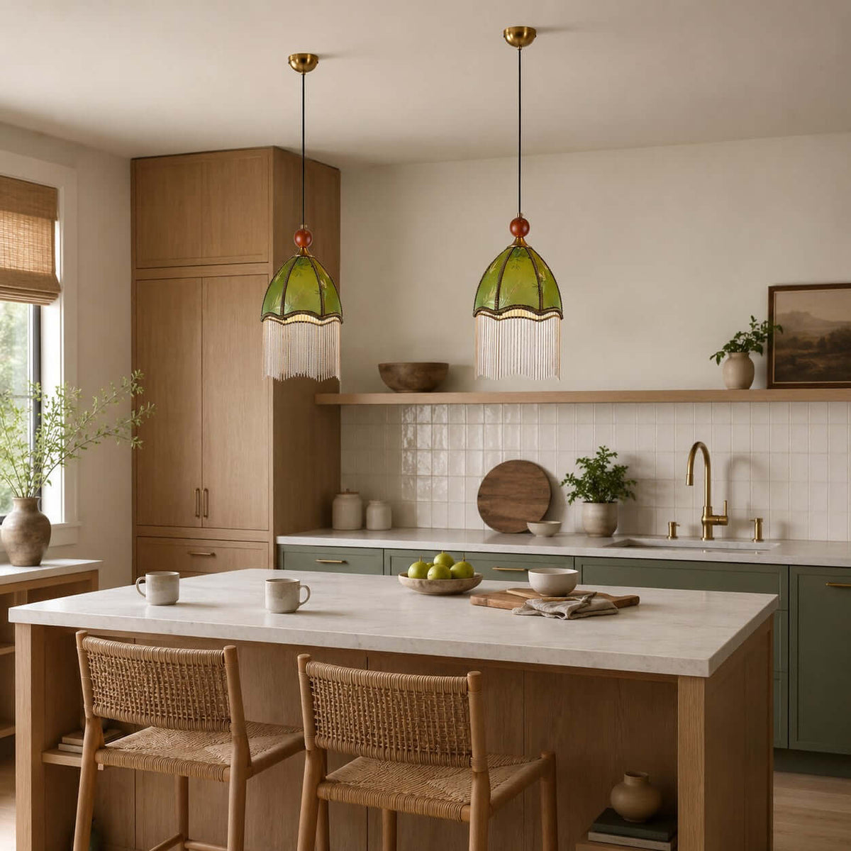Two Clérachic pendants in olive green hang in an oak-toned kitchen above an island with two woven stools.