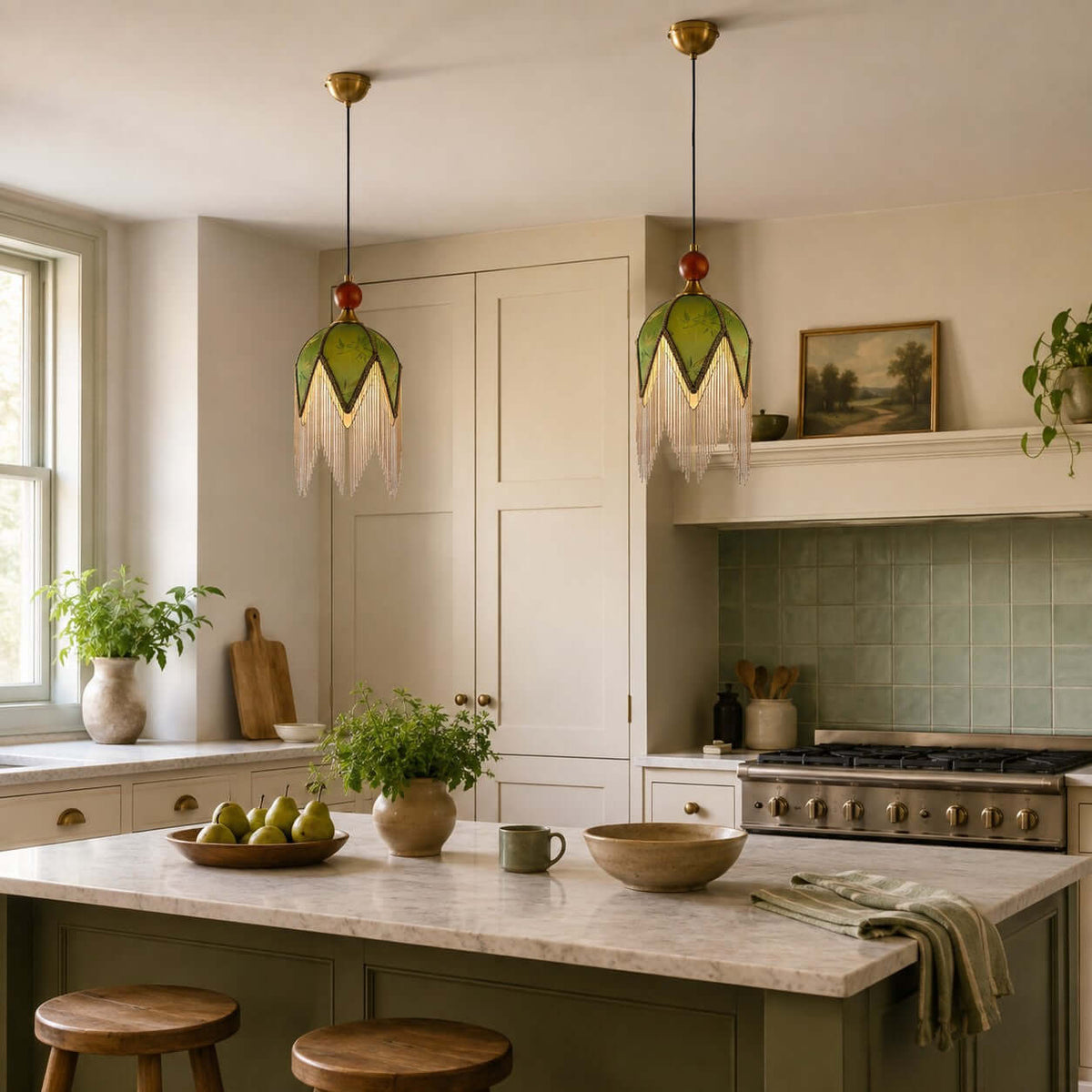 Two olive-shaded Clérachic pendants with pale fringe hang over a kitchen island, with green tiles and a range cooker behind.