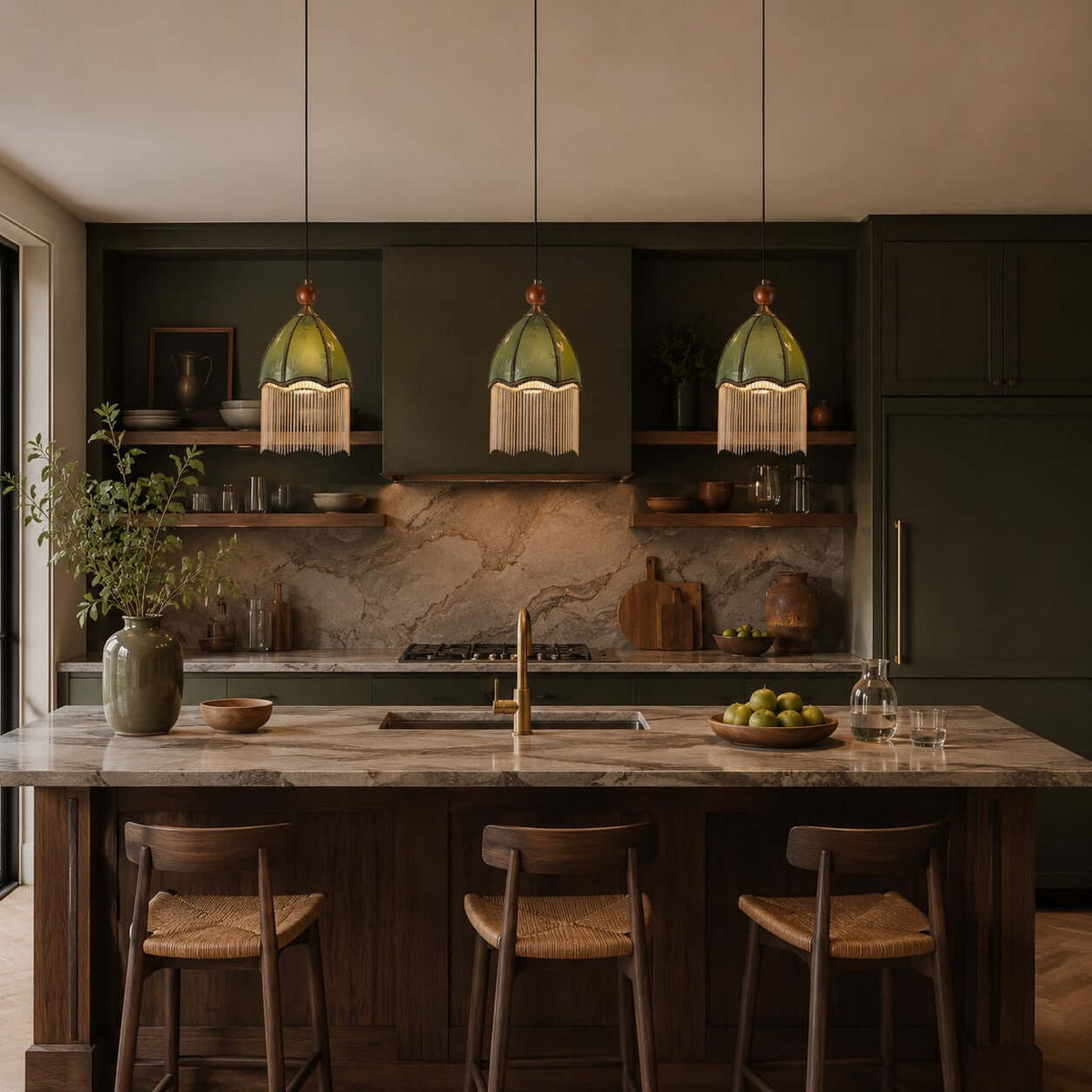 Three small Clérachic pendants with green shades and fringe hang over a stone island in a dark, moody kitchen.