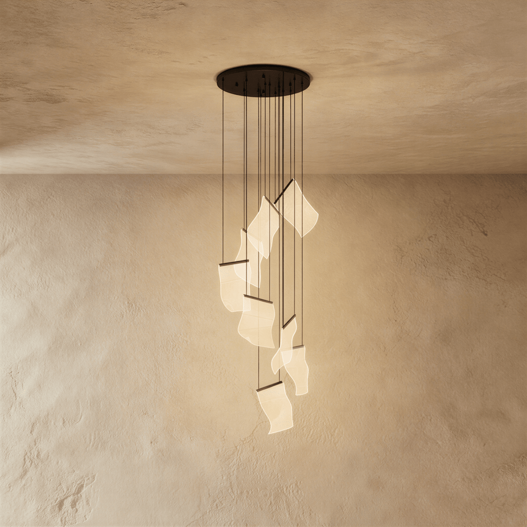 Clérachic black-finish chandelier with a cascade of glowing acrylic sheets hanging beneath a round ceiling plate.