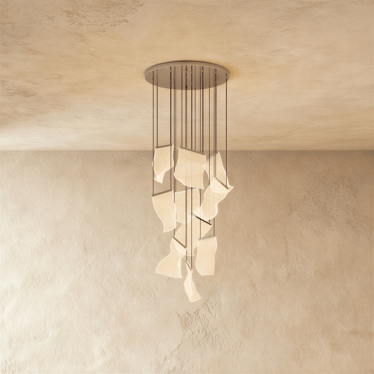 Clérachic iridium silver chandelier with a polished round ceiling plate and glowing wavy acrylic sheet pendants.