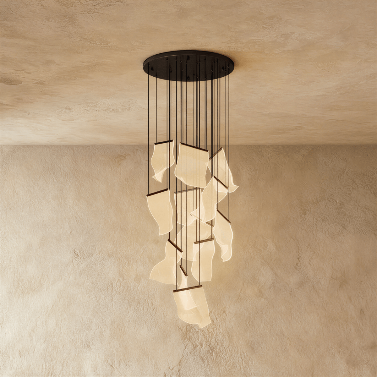Clérachic brilliant black chandelier with a large cluster of glowing acrylic sheets suspended on fine cords.