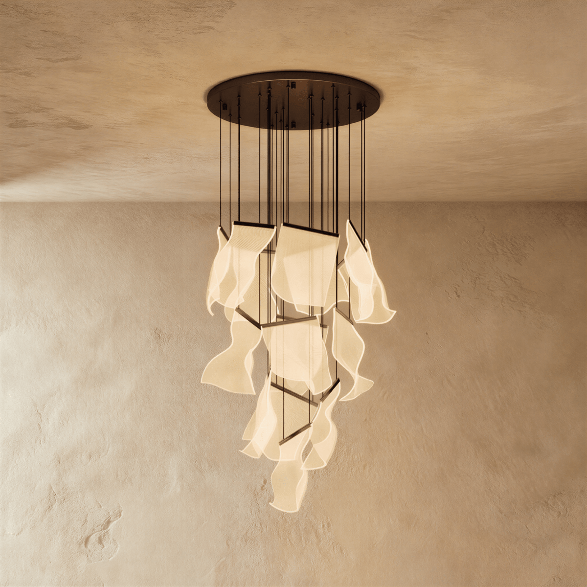 Clérachic brilliant black chandelier, a tall cascade of glowing acrylic sheets hanging from its round ceiling plate.