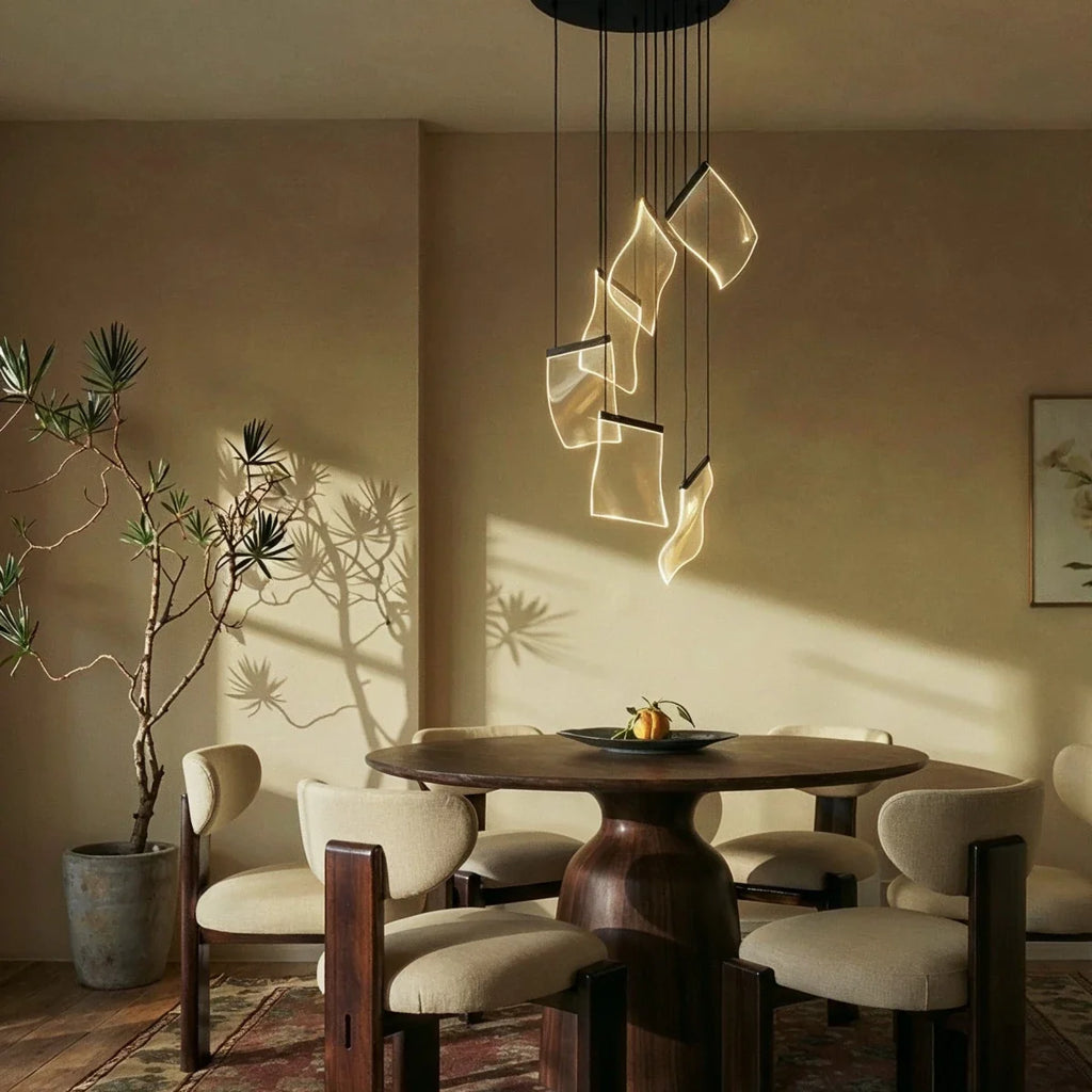 Clérachic chandelier hanging above a round dining table, its acrylic sheets glowing warm in late afternoon light.