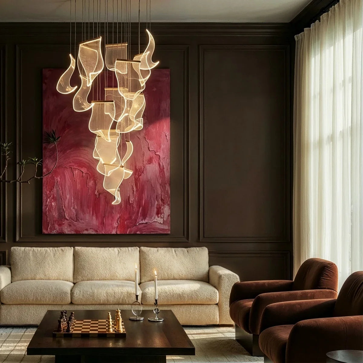 Clérachic chandelier hung in a dark living room, its glowing acrylic sheets set against a rich burgundy painting.