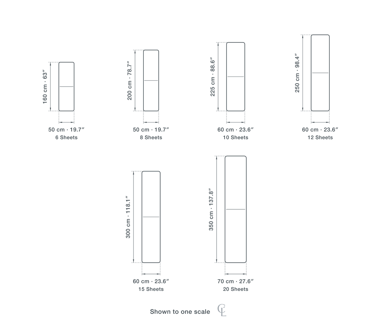 Technical dimension drawing of the Clérachic Empress Gold Chandelier for Stairwell, Acrylic Panes, 225 cm in 6 sizes — 6 Sheets at 50 × 160 cm (19.7 × 63″), 8 Sheets at 50 × 200 cm (19.7 × 78.7″), 10 Sheets at 60 × 225 cm (23.6 × 88.6″), 12 Sheets at 60 × 250 cm (23.6 × 98.4″), 15 Sheets at 60 × 300 cm (23.6 × 118.1″), 20 Sheets at 70 × 350 cm (27.6 × 137.8″), drawn to one scale.
