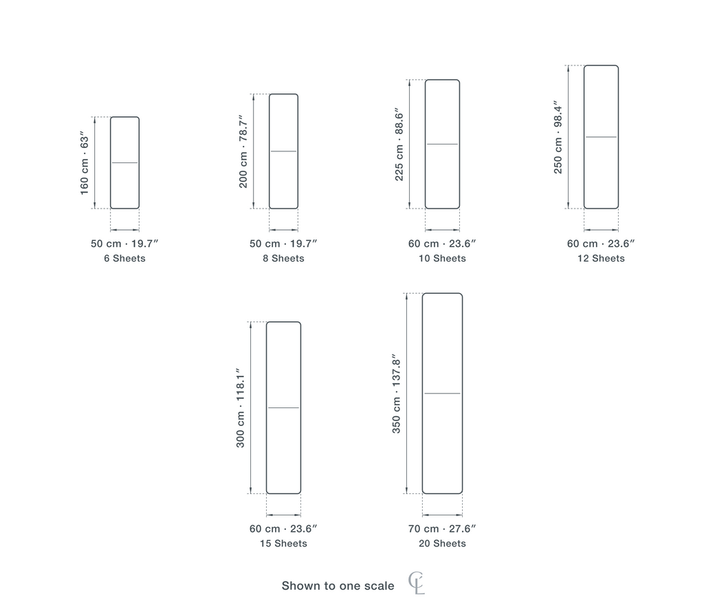 Technical dimension drawing of the Clérachic Empress Gold Chandelier for Stairwell, Acrylic Panes, 225 cm in 6 sizes — 6 Sheets at 50 × 160 cm (19.7 × 63″), 8 Sheets at 50 × 200 cm (19.7 × 78.7″), 10 Sheets at 60 × 225 cm (23.6 × 88.6″), 12 Sheets at 60 × 250 cm (23.6 × 98.4″), 15 Sheets at 60 × 300 cm (23.6 × 118.1″), 20 Sheets at 70 × 350 cm (27.6 × 137.8″), drawn to one scale.