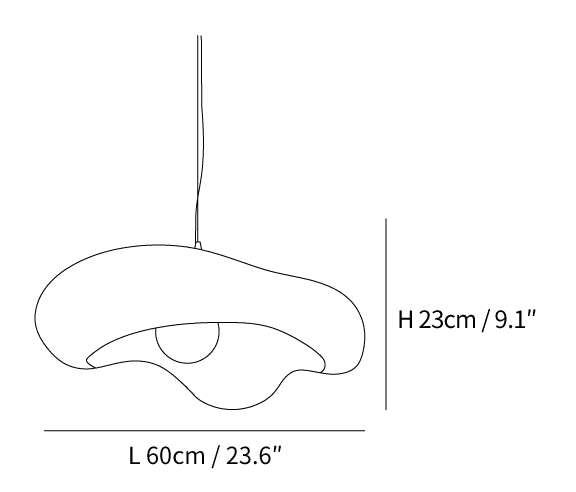 Dimension drawing of this Clérachic pendant, with its height of 23 cm and length of 60 cm marked.