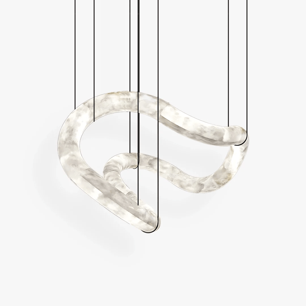 Clérachic Ethereal chandelier on white, one continuous alabaster ribbon looping on slim cables.