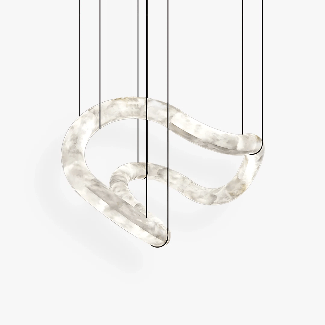 Clérachic Ethereal chandelier on white, one continuous alabaster ribbon looping on slim cables.