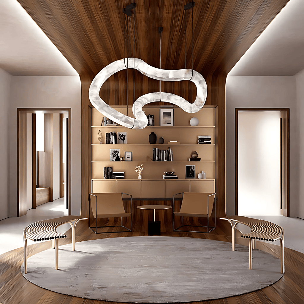Clérachic Ethereal chandelier centred over a round rug in a study with timber-lined ceiling.