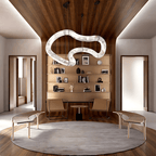 Clérachic Ethereal chandelier centred over a round rug in a study with timber-lined ceiling.