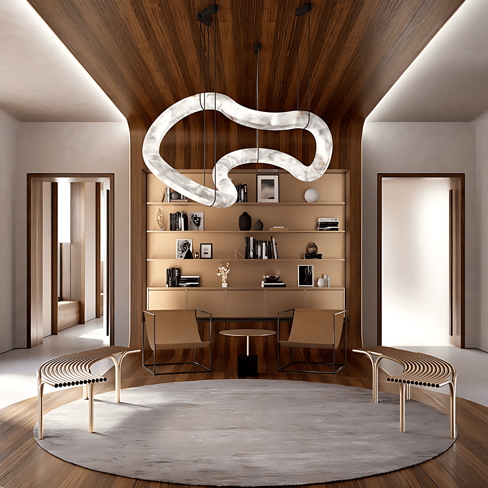Clérachic Ethereal chandelier centred over a round rug in a study with timber-lined ceiling.