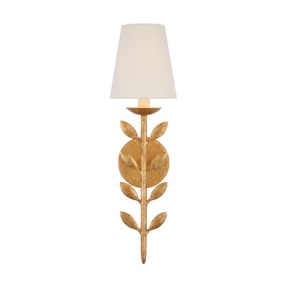 Clérachic's Evoque sconce in antique gold leaf, its leaf-stem body rising to a cream fabric shade.